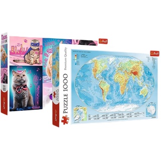 Trefl 10641 Duopack, Paket mit 2, 2x1000 Teile Weltkarte, Superkatzen, Sonderedition Exklusiv bei Amazon Puzzle