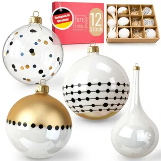 Weihnachtskugeln im wunderschönen Handwerk-Design - 12-TLG. Set mit exklusiven Christbaumkugeln – Weihnachtsbaumkugeln - Einzigartig-festlicher Baumschmuck weiß/Gold