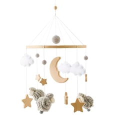 Mobile Baby Bettglocke mit Sterne Mond Schafe Hölz Mädchen Hängende Mobile Windspiel für Babybett Kinderbett (Grau)
