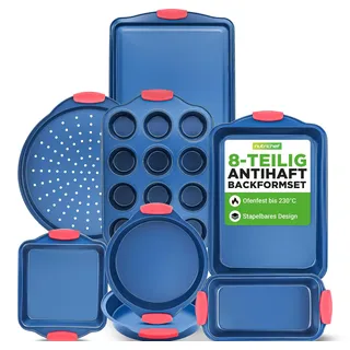 NutriChef Backformen Set 8-teilig, Inkl.12er Muffin Backblech, Kastenform, Kuchenform Backbleche, Pizzablech, Antihaftbeschichtet, bis 230°C, Back-Trend für Hobbybäcker, Blau