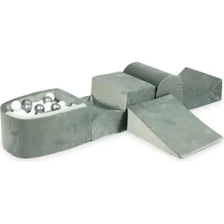 Schaumstoffspielplatz mit Hügel und Pool Micro Velvet grau + 100 Bälle: weiß, silber