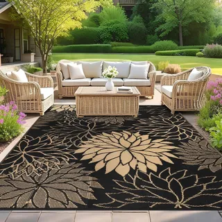 SHACOS Outdoor Teppich Wetterfest, Wendbarer Vorzeltteppich UV-Beständig, Balkon Teppich Leicht Kunststoff, für Camping Wohnmobil Garten Terrassen, Blumen Schwarz Gold, 240 x 300 cm
