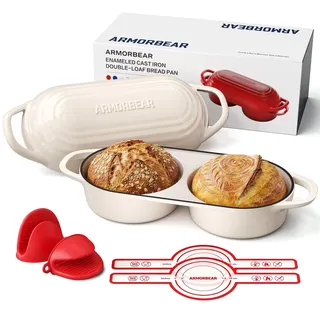 Armorbear Brotbacktopf aus Gusseisen, Double Dutch Oven für Sauerteig, Weiß | Brotbackform mit Deckel für 2 kleine Brote gleichzeitig, emailliert, mit zwei separaten runden Backkammern