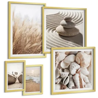 Tulup Bilder SET 5er Set - 50x50 cm & 20x30 cm & 40x60 cm Goldrahmen - Wolkenmeer, Traumfänger, Gras , Goldfarben , Kunststoff , Rechteckig , 40x60 cm , Fotografie , Bilder & Rahmen, Bilder