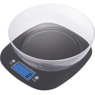 EMOS EV025 Küchenwaage mit Schüssel/Digitalwaage mit beleuchtetem LCDDisplay/Tara-Funktion/Nahrungsmittelskala/ElektronischeWaage/Präzisionbiszu1g/Tragkraft5kg,Schwarz,22,3x19,8x2cm