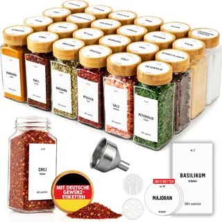 Deco haus Gewürzgläser Eckig Luftdicht - 24 Set Gewürzdosen + 280 Etiketten
