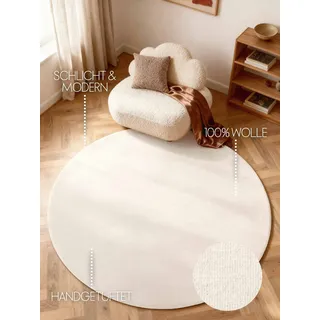 ELLE DECORATION Knots, natur, weiß, H:13mm Ø:160cm, Wolle, Teppiche, Wollteppich, Handtuft, Wolle, Rund, feines Bouclé, Wohnzimmer, Schlafzimmer, Natur