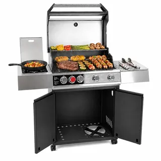 Amig - Gasgrill Fireplus XXL GRILL-2 5F - 139 x 55 x 115 cm - Grillfläche 70 x 41,5 cm - Mit Thermometer, Seitenablage, Unterschrank und Rädern mit Bremse - Gusseisenrost - Schwarz
