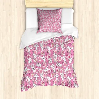ABAKUHAUS Cartoon-Tier Mantele, Doodle Kawaii, Milbensicher Allergiker geeignet mit Kissenbezügen, 135 cm x 200 cm - 80 x 80 cm, Rosa Pfirsich-Weiß - Rosa