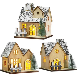 BESPORTBLE Weihnachtshäuser aus Holz mit Led-Beleuchtung, 3er-Set, Handgefertigte Weihnachtsdekoration, Weihnachtsdorf-Kollektion, Gebäudedekoration
