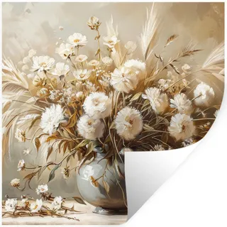 MuchoWow Wandtattoo Blumen - Vase - Stilleben - Beige 50x50 cm , Creme , Kunststoff , 50x50x0.1 cm , Tapeten & Wandverkleidungen, Wandtattoos & Sticker