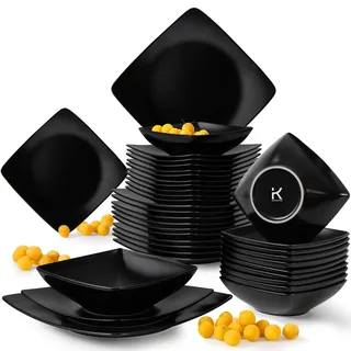 KONSIMO EPIRI Geschirrset 6 Personen, 18-teiliges Tafelservice aus Steinzeug – Modernes Teller Set mit Speisetellern, Frühstückstellern & Schalen Geschirr Set (Schwarz Matt, für 12 Personen)