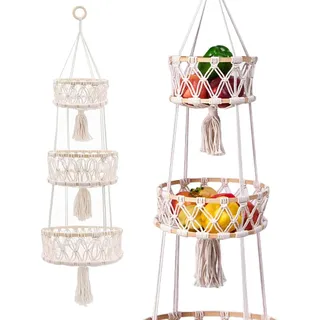 YANGUN 3 Stöckiger Obstkorb Hängend, hängender obstkorb boho, Obst Hängekorb, obstkorb wand hängend, Wandkörbe Hängende Obstkörbe Für Küche Wohnzimmer Badezimmer Schlafzimmer, 110 cm (Beige)