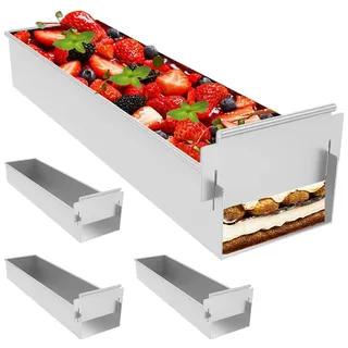 Guniata Backrahmen Rechteckig Verstellbar,Rechteckige Kuchenform, Antihaftbeschichtete Backform Rechteckig,Verstellbarer Tortenrahmen für Tiramisu-Käsekuchen (4pcs,mit Abnehmbarer schallwand)