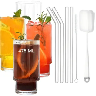 ALINK Cocktail Gläser 4er Set, Gerippte trinkgläser,Can Longdrinkglas, Wassergläser,Eiskaffee Gläser mit Strohhalm,Trinkglas in Dosenform für Familie, Camping, Party, Bar(16oz/475ml)