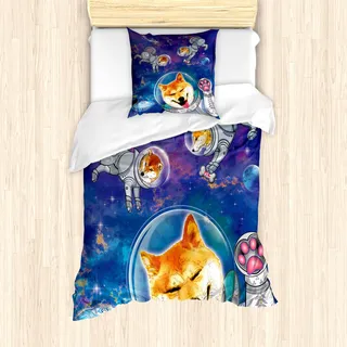 ABAKUHAUS Hund Mantele, Astronaut Shibas im Weltraum, Milbensicher Allergiker geeignet mit Kissenbezügen, 135 cm x 200 cm - 80 x 80 cm, Mehrfarbig