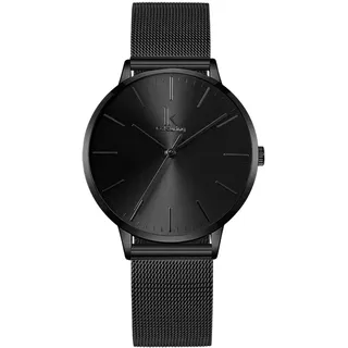Alienwork Armbanduhr Damen Schwarz Metall Mesh Armband Edelstahl Ultra-flach dünn