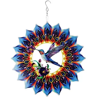 FRUHLING Edelstahl Windspiel 3D Kolibri Wind Spinner 30cm Mandala Windspiel mit Wirbel Haken Hängende Garten Ornamente für Hof Balkon Fenster Garten Dekoration