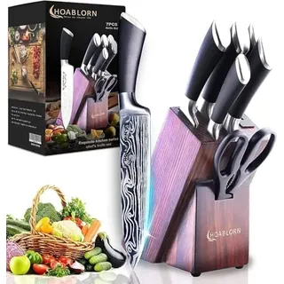 ChefHoablorn 7-TLG Messerblock Set mit Holzblock, Selbstschärfend für Kochmesserset, Edelstahl Messerset Profi Küchenmesserset Gut für Zuhause, Koch, Hochzeit, Einzugsgeschenk