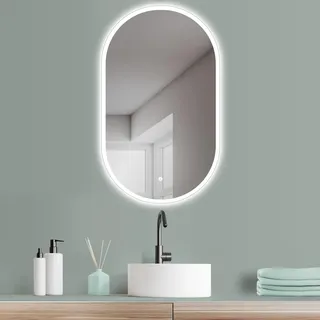 HOKO LED Spiegel oval 50 x 90 cm. HOCH + QUER Montage. Badezimmer Spiegel aussen LED beleuchtet, ideal als Schminktisch Spiegel. + Touch Schalter + LED Licht Wechsel - Warmweiß - Kaltweiß - Neutral