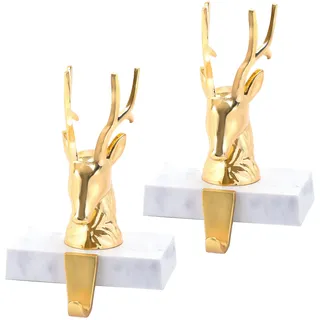 Komiikka Weihnachtsstrumpfhalter für Kaminsims, 2er-Set, Rentier, Metall, Kaminstrümpfe, Haken für Weihnachtsregal, Kamin, Topper, Dekorationen (Chrom, Gold)