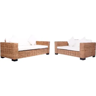 The Living Store 2-tlg. Gartensofas mit Polster Natürliches Rattan - Weiß