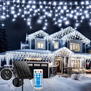 Solar Eisregen Lichterkette, 25m+5m 660 LED Solarenergie + Wiederaufladbar IP65 Wasserdicht Mit 8 Modi & Timer und Speicher Weihnachtsbeleuchtung Außen für Balkon Fenster Haus Geländer (Weiß-Color)