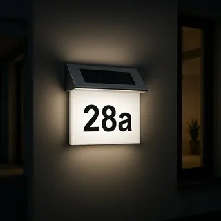 MeLiTec Solar-Hausnummer SH01, moderne LED-beleuchtete Hausnummer, für außen, wasserdicht, aus Edelstahl, kabellose Solar-Hausnummernleuchte - Weiß, Silber
