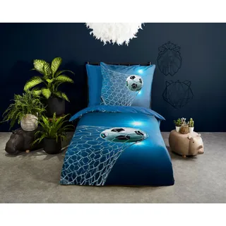 PURE luxury collection Kinderbettwäsche »Fans«, 135x200, Pflegeleicht, Reißverschluss, Wende, Kind Junge, Fußball Blau, blau