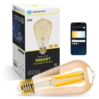 Aigostar Alexa Glühbirne E27 Edison Glühbirne 6W 805LM Dimmbare Retroglühbirnen ST64 Smart Lampe Wlan Dimmbar 2700K-6500K App Steuern Kompatibel mit Alexa und Google Assistant. Gold 1 Stück