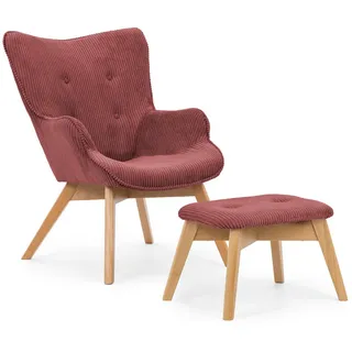 S-Style Loungesessel mit Fußhocker Lenari Terrakotta Cordstoff mit Füßen in Natur , Terracotta , Textil , Echtholz,Buche, Birke , 71x96x86 cm , Blauer Engel, FSC Mix, Oeko-Tex®, Hergestellt in Europa , Wohnzimmer, Sessel, Polstersessel