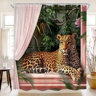 Cinbloo Duschvorhang-Set, Motiv: Gepard, Wildtiere, Vintage, Dschungel, Perle, tropischer Badevorhang, Stoff, Blätter, Pflanze, Badezimmerzubehör, Dekoration mit 12 Haken, Rosa