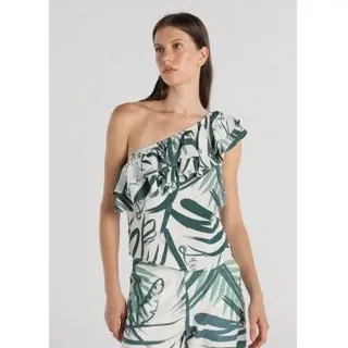 Victorio & Lucchino, V&L für Damen. 330298133 Asymmetrisches schulterfreies Top mit grünem Tropenprint (M), Lässig, Viskose, Ärmellos / Hose
