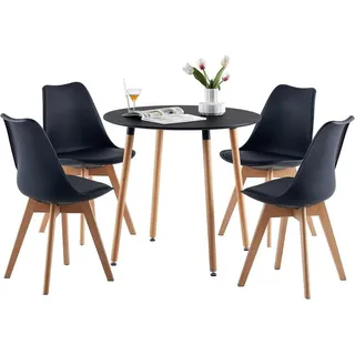 Runder Esstisch 80x80x73 cm Schwarz Massivholzbeine Höhenverstellbar