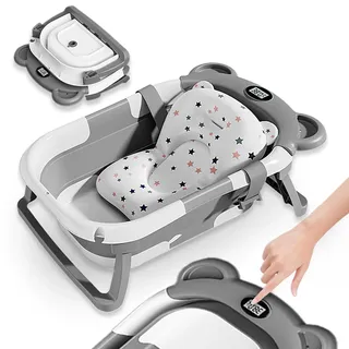 SUPERBE BEBE Faltbar Baby Badewanne Mit Rutschfestem Badekissen - Babywanne XXL Mit Baby Badewannensitz & Badethermometer - Von Der Geburt Bis 3 Jahre - Baby Bathtub - Geburtsgeschenke Für Mädchen & Jungen