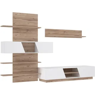 Forte HULON Wohnwand 290 300, Moderne Wohnwand mit 4 Türen, Schrankwand, Holzwerkstoff, Weiß/Stabeiche Holzwerkstoff/Weiß Hochglanz, 296 cm breit x 202,8 cm hoch x 51,8 cm tief