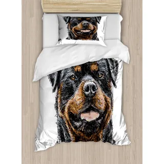 ABAKUHAUS Rottweiler Bettbezugs Set für Einzelbetten, Hand gezeichnetes Bild von Hund, Milbensicher Allergiker geeignet mit Kissenbezug, 130 x 200 cm,Dunkelgrau Braun