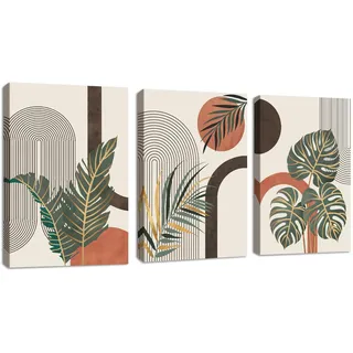 3Pcs Boho Orange Pflanze Leinwandbilder Bilder Set mit Rahmen, Mitte Jahrhundert Linie Geometrisch Bilder Moderne Wandbilder Schlafzimmer Bild Auf Leinwand Kunstdruck Deko für Wohnzimmer 40x60cmx3