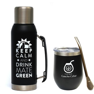 GAUCHO CEBAR Accessories for Yerba Mate-Tee Set | Thermoskanne Vacuum Flask Edelstahl 1L Black und Stahl Mate Tee becher 350ml | Trinkhalm Bombilla Liza 19cm, Dishwasher Safe and Durable