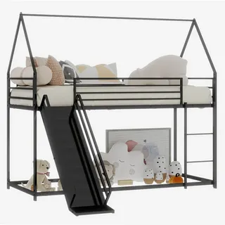 Okwish Etagenbett 180/200 cm schwarz aus Eisen mit Rutsche und Spielhausdesign , Schwarz , Metall , 180x200 cm , Babymöbel & Kindermöbel, Kinderzimmer & Jugendzimmer, Stockbetten