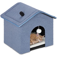 Relaxdays Katzenhöhle, faltbar, flauschig, Versteck für Katzen & kleine Hunde, HBT: 44x48x45 cm, Indoor Hundehütte, blau