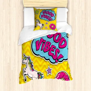 ABAKUHAUS Good Vibes Bettbezug Set für Einzelbetten, Einhorn-Donut-Spaß, Milbensicher Allergiker geeignet mit Kissenbezug, Mehrfarbig