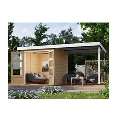 Karibu Gartenhaus Set Ernesto A Naturbelassen-Weiß mit Anbaudach 4,45 m2