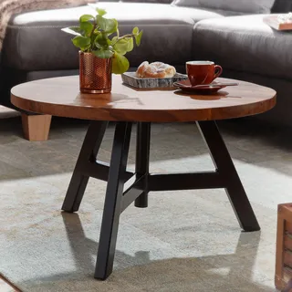 FineBuy Couchtisch Sheesham Massivholz rund Ø 60 cm – Wohnzimmertisch mit Metallgestell im Industrial Design – Handgefertigter Holztisch modern robust - Braun