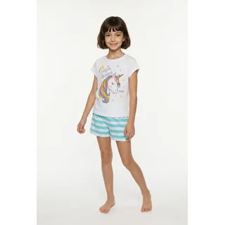 bonprix Shorty Set, vierteiliger Shorty-Pyjama, zwei T-Shirts mit Druck, aus Baumwolle, aqua, weiß