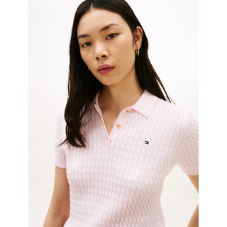 Poloshirt TOMMY HILFIGER "CO CABLE POLO-NK SS SWEATER", Damen, Gr. M (40), light pink, Single Jersey, Obermaterial: 100% Baumwolle, unifarben, regular fit hüftbedeckend, Rundhals, Shirts Poloshirt, mit Zopfmuster, Regular Fit