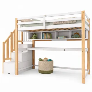 Stilvora Hochbett 90/200 cm in Weiß & Eichefarben Kinderbett mit Schreibtisch, Regal und Treppenstauraum , Naturfarben , Holz , 90x200 cm , Babymöbel & Kindermöbel, Kinderzimmer & Jugendzimmer, Kinderbetten, Hochbetten