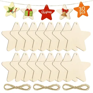 30 Stück Holz Stern Weihnachtsbaum Deko zum Aufhängen, Weihnachten Holzanhänger zum DIY Basteln Bemalen für Weihnachtsschmuck Geschenkanhänger