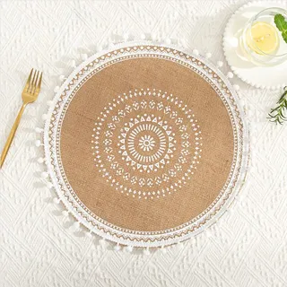Rund Gewebte Platzset Mit Mandala Quaste - Boho Jute für Farmhouse Retro Restaurant Tischdekoration, Böhmen Platzdeckchen für Hochzeit Festival Party Küche Speisetisch, 2er Set D