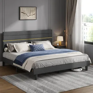 VASAGLE Polsterbett, Bettgestell, Doppelbettgestell, passend für 180 x 200 cm Matratze, verstellbares gepolstertes Kopfteil, Bettrahmen, Metall, Massivholz, modern, schiefergrau RMB508G01
